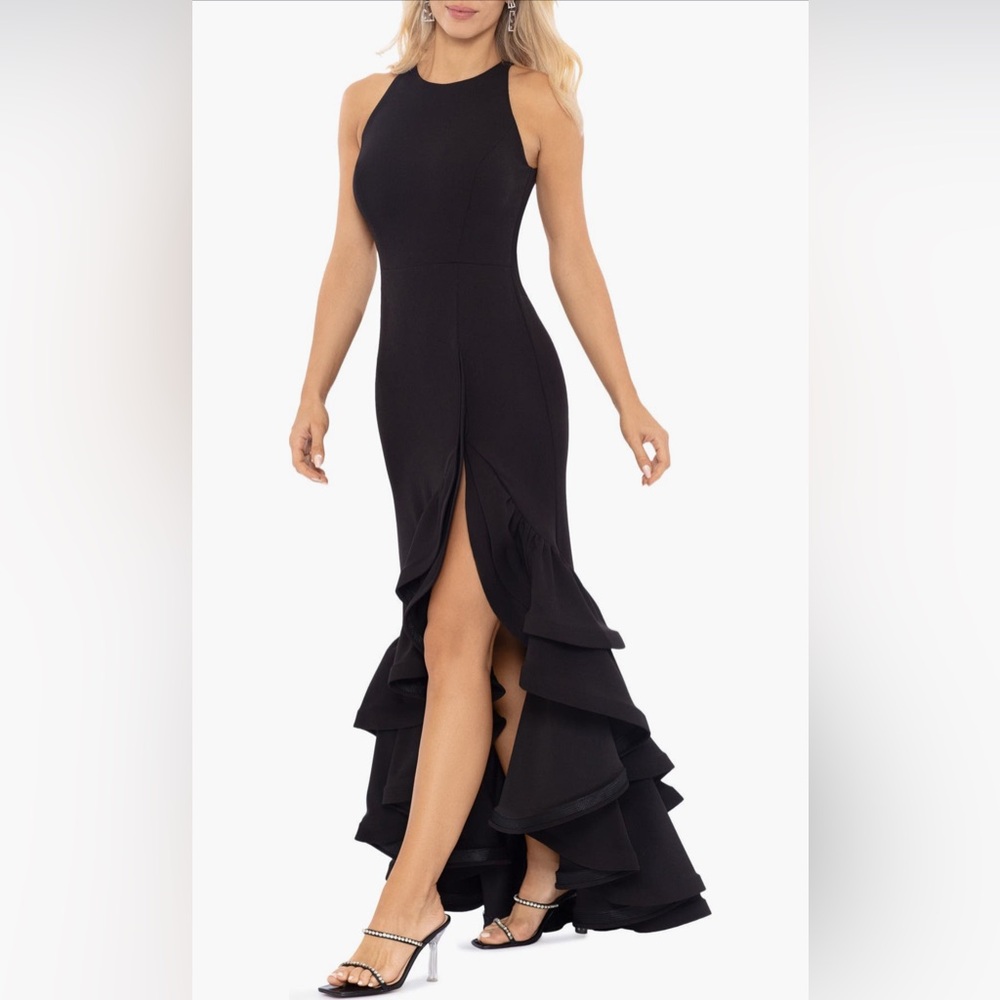 Betsy & Adam - Ruffle Halter Crepe Gown - Size 12